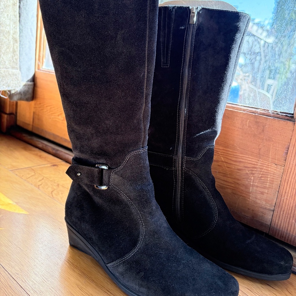 La Canadienne Black Suede Tall Boots With Buckle Wedge Heel US Women's Size 6